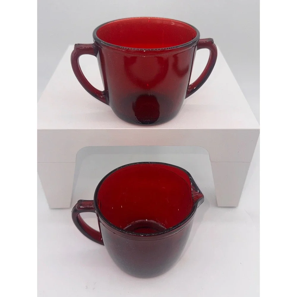 Vintage Ruby Red Glass Creamer and Sugar Bowl Set Double Handle 3 inch T